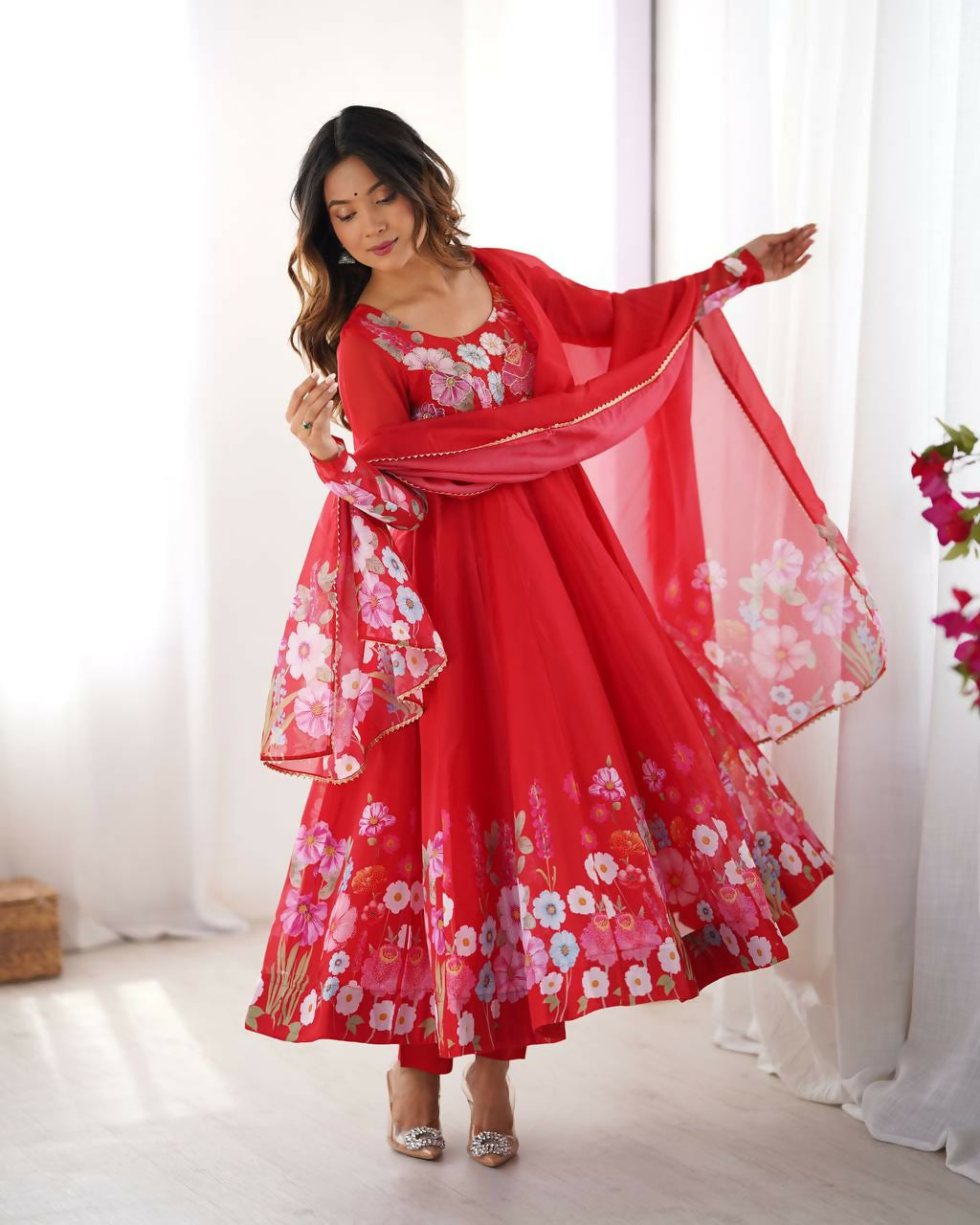 The52 Women's Gorgeous Floral Printed Organza Silk Fabric Flared Anarkali Pant and Dupatta Set | Grocsy