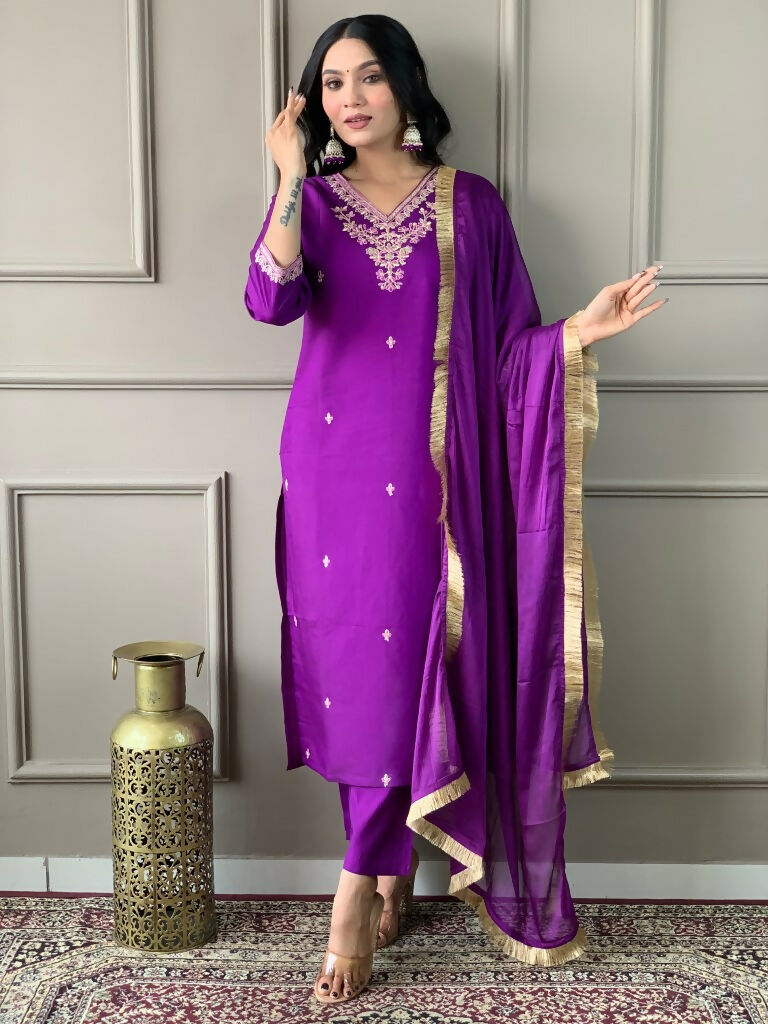 Partywear Designer Viscose Chanderi Wine Stitched Suit With Dupatta - Tanisha | Grocsy
