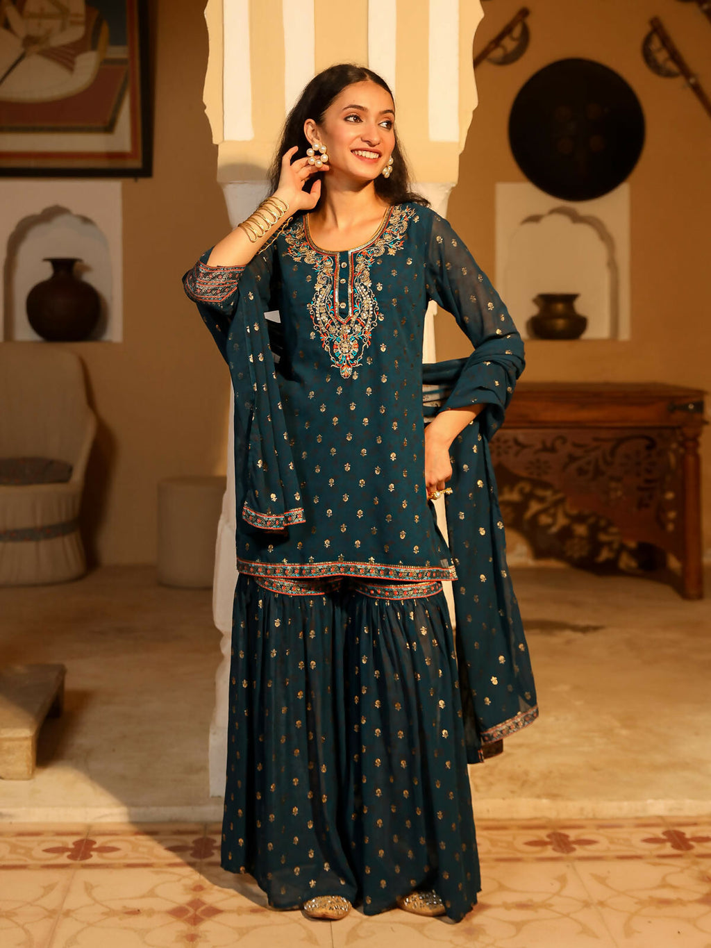 Juniper Women's The Swarn Teal Ethnic Motif Printed Georgette Kurta Pant And Dupatta With Sequins & Zari Work | Grocsy