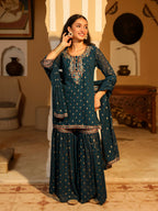 Juniper Women's The Swarn Teal Ethnic Motif Printed Georgette Kurta Pant And Dupatta With Sequins & Zari Work | Grocsy
