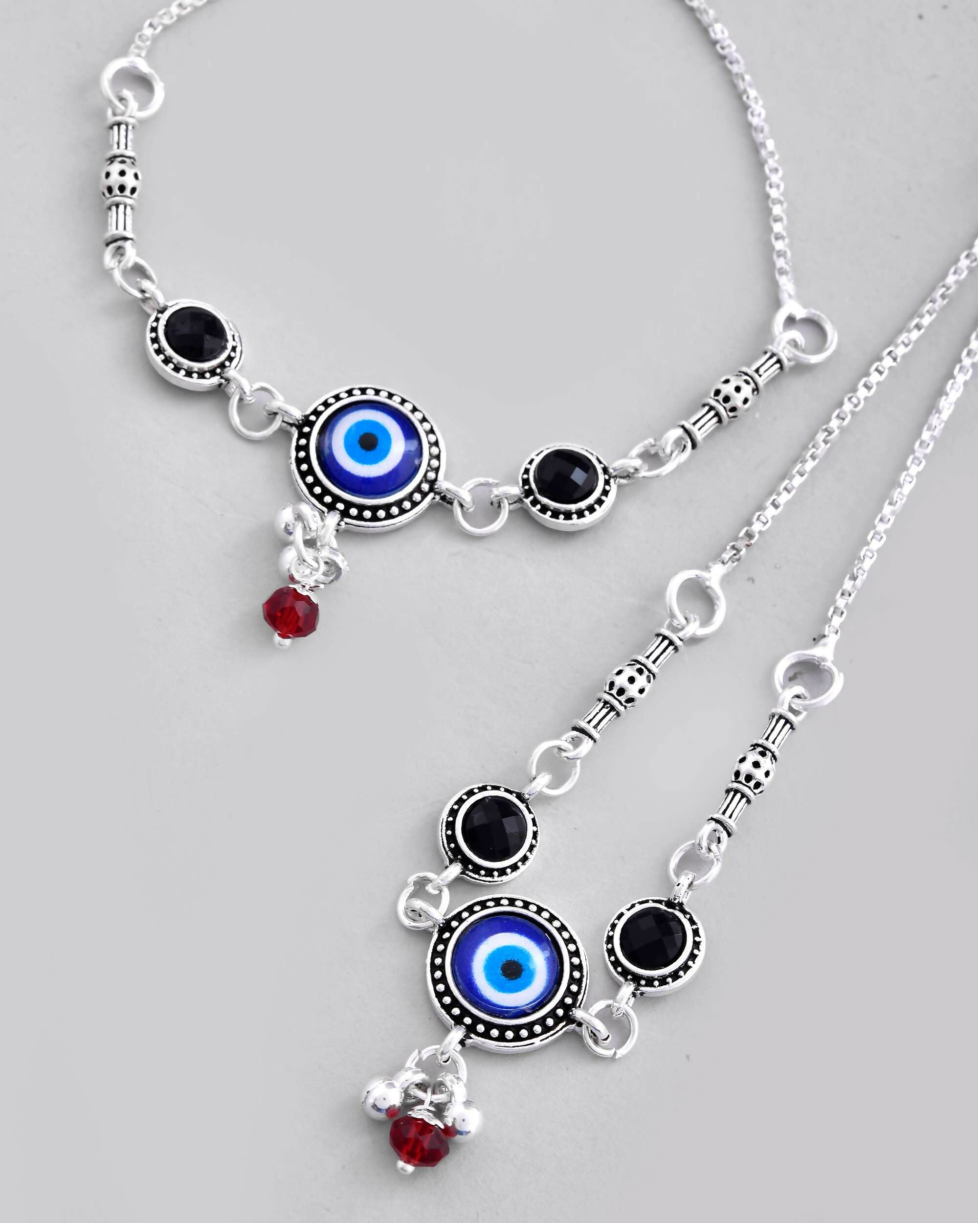 VOJ Set of 2 Silver Plated Evil Eye HandCrafted Adjustable Anklet | Grocsy