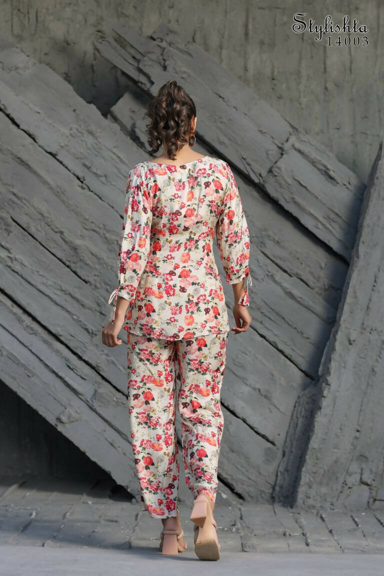 Women's Partywear Designer White & Multi Muslin co-ord set - Stylishta | Grocsy