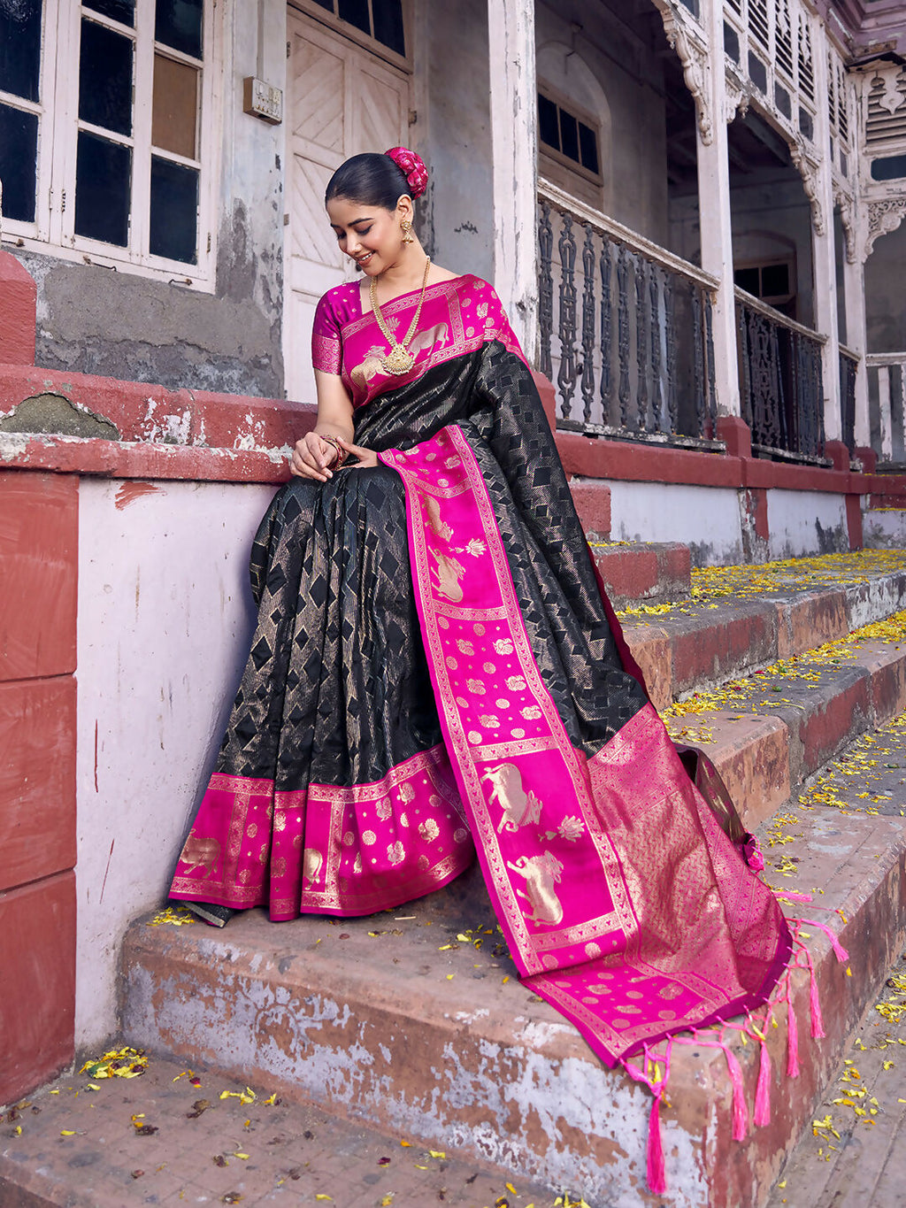 Shree Shyam Fashion Black Soft Silk Saree | Grocsy