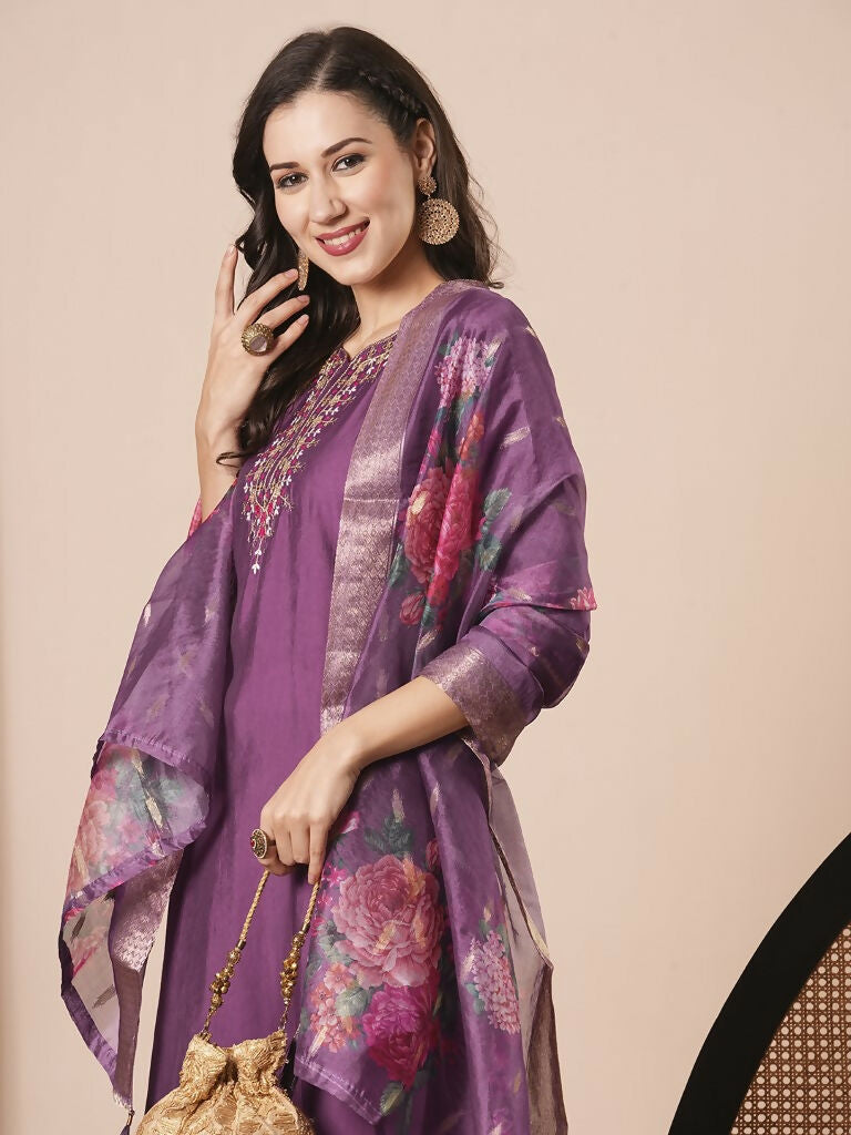 Purple Viscose Chanderi Embroidery Work Kurta Set - Riya | Grocsy