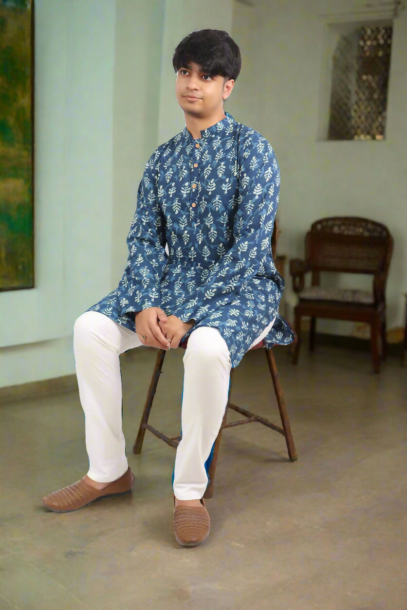 Souchii Men's Ethnic Printed Pure Cotton Kurta – Indigo Leaf Motif | Grocsy