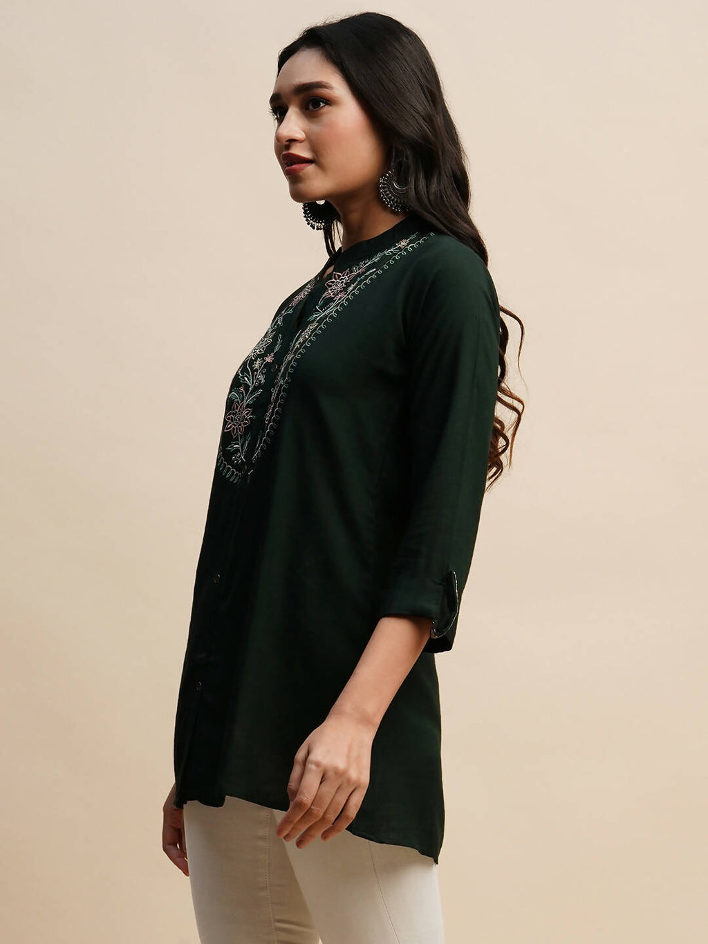 Dark Green Rayon Embroidered Top - Tarini | Grocsy