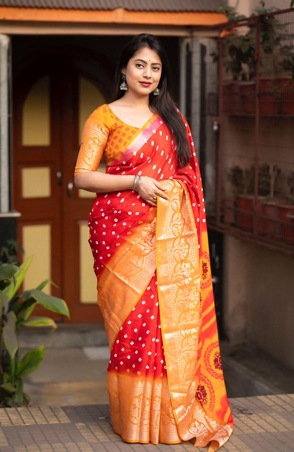 Red Jute Silk Printed Saree with Unstitched Blouse - Hiral Fashion | Grocsy