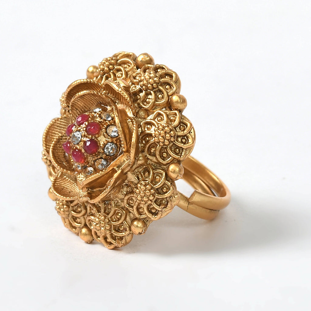 Mominos Fashion Joharkamal Gold-Polished Stone Studded Adjustable Finger Ring - Design 019 | Grocsy