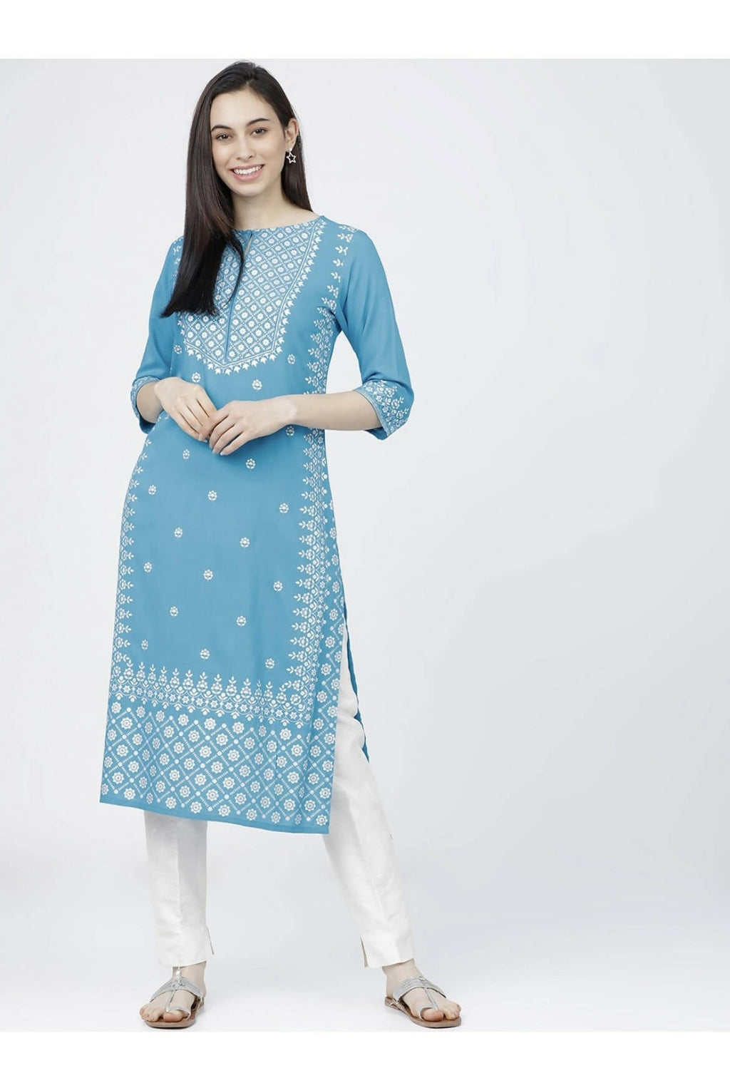 Indian Clothing Cheera Embellished Daily Wear Cotton Blend Kurta - Sky Blue | Grocsy