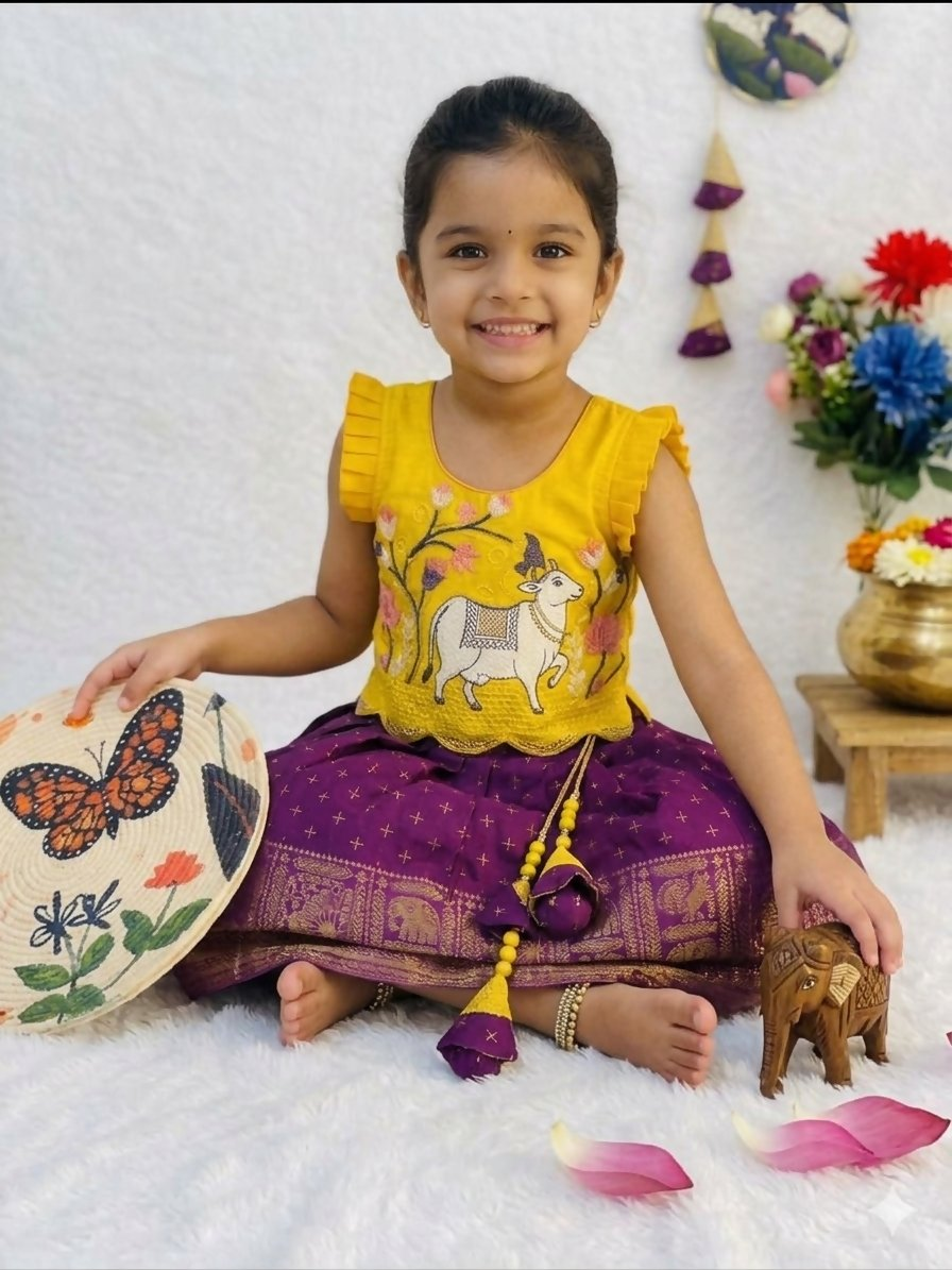 Teeya Creation Kids Latest Collection Girls Yellow & Wine Purple Pattu Pavadai Lehenga Set With Ruffle Sleeves-Yellow | Grocsy