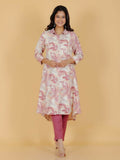 Aramya Pink Linen Cotton Foliage Print High Low Kurta Set for Women | Grocsy