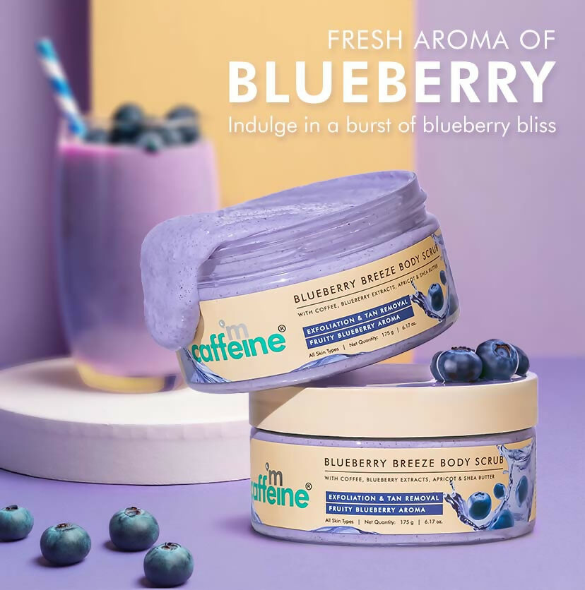 mCaffeine Blueberry Breeze Body Scrub, Exfoliates, Removes Tan, Fruity Blueberry Aroma | Grocsy