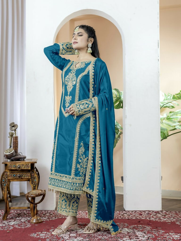 Teeya Creation Morepich Color Chinnon Silk Embroidery Work Fully Stitched Salwar Suit | Grocsy