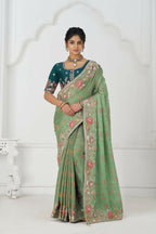 Kesar Fab Grace In Green: Multi-Thread Embroidered With Floral Elegance Saree | Grocsy