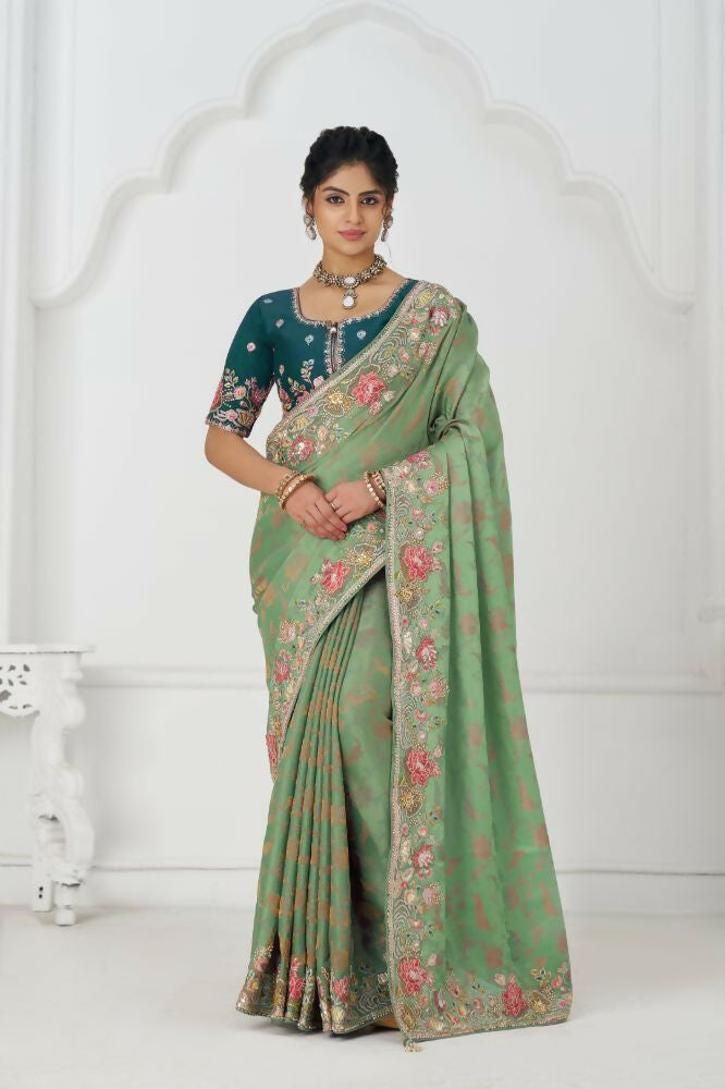 Kesar Fab Grace In Green: Multi-Thread Embroidered With Floral Elegance Saree | Grocsy