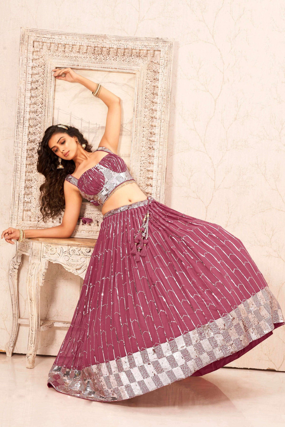 Mauve Faux Georgette Heavy Sequence work Lehenga Choli with Dupatta - Dhvani | Grocsy