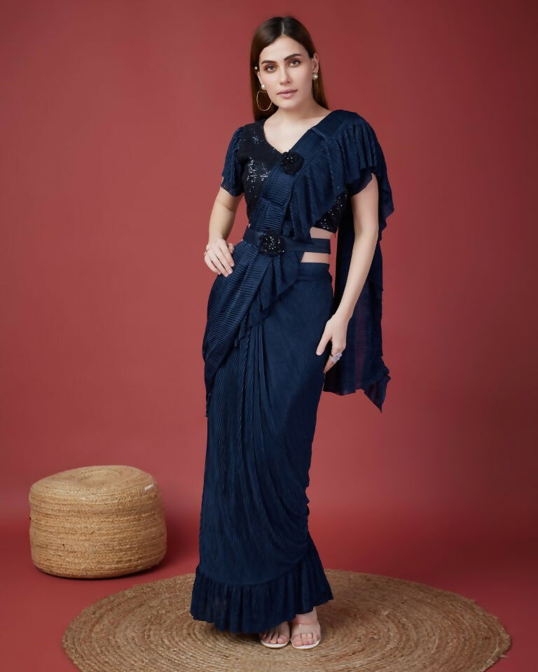 Blue Imported Crush Solid Ready to Wear Saree with stitched Blouse - Aayan | Grocsy