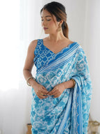 PR Fashion Sky Georgette Digital Print With Mirror Work Saree | Grocsy