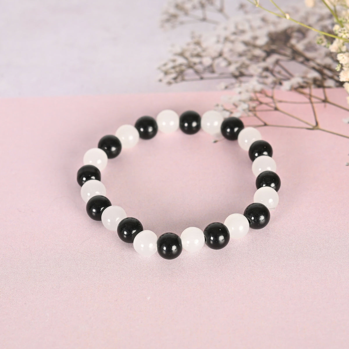 NVR Men & Women White Marble Crystal Beaded Elasticated Bracelet | Grocsy