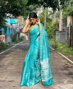 DEIANA'S Beautiful Designer Golden zari Soft Lichi Silk Saree - Sky | Grocsy