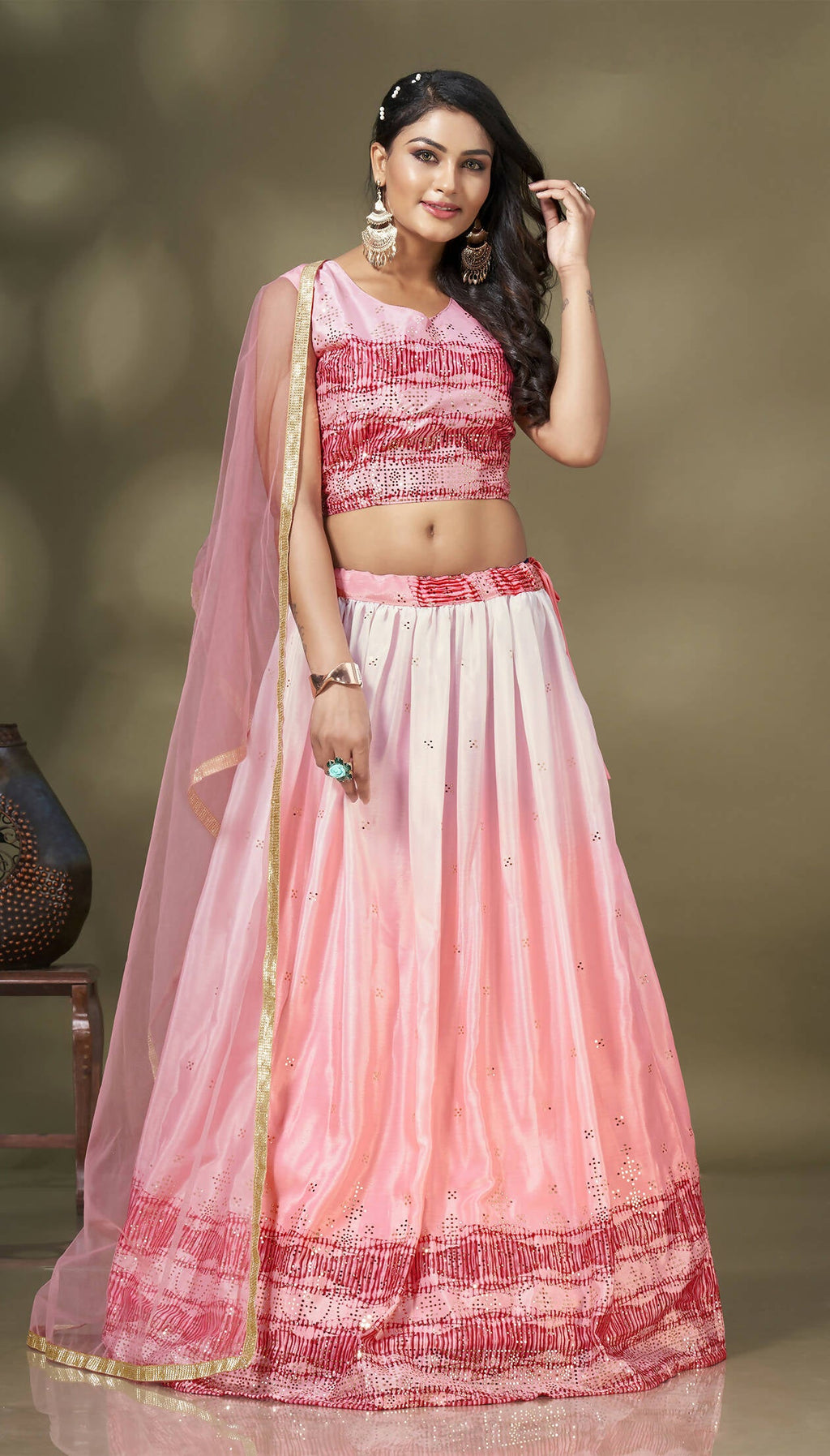 Pink Chinon Crush Mirror Foil work Lehenga Choli with Dupatta - Aakriti | Grocsy