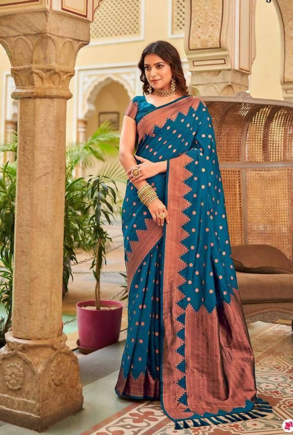 DEIANA'S Beautiful Designer Golden zari Soft Lichi Silk Saree - Blue | Grocsy