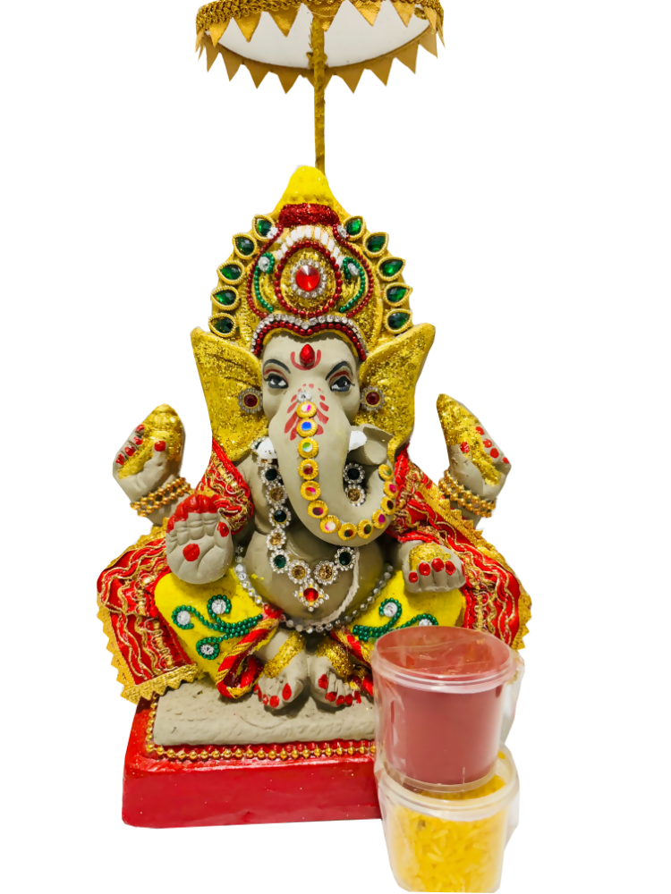 Eco-Friendly Ganesh Idols (Non-Toxic Colors) With Chatri, Kumkum & Akshat | Grocsy