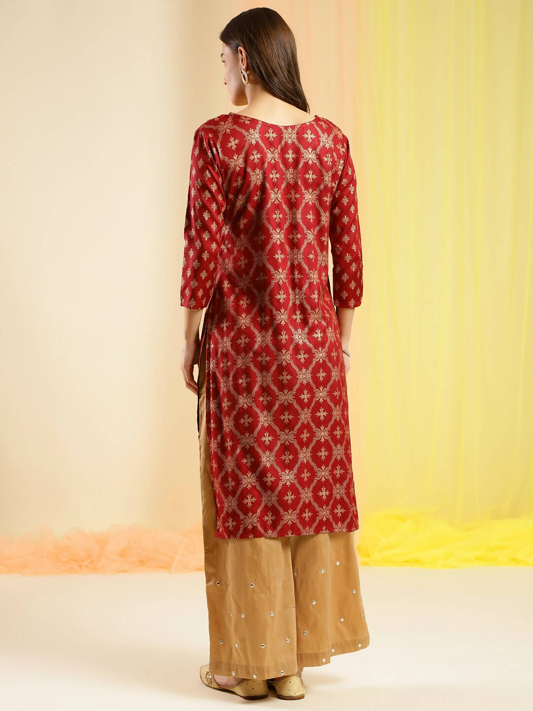 Maroon & Gold-Toned Viscose Rayon Ethnic Motifs Printed Kurta - Mamta | Grocsy