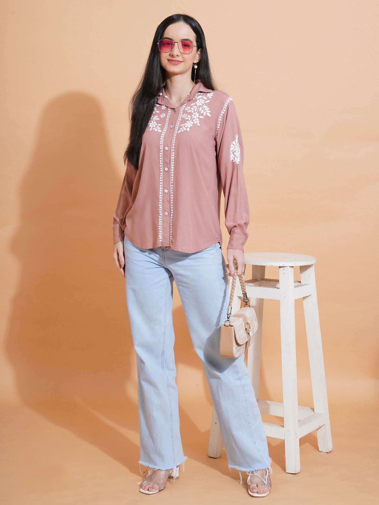 Pahnaz Modal Chikankari Handwork Shirt-Brown | Grocsy