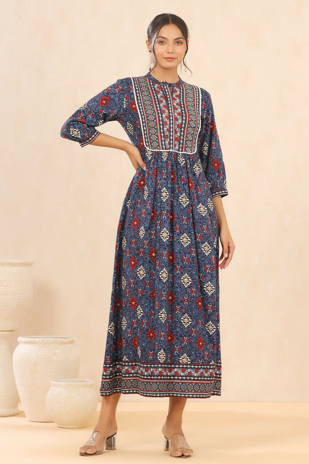 Juniper Indigo Floral Printed Rayon Maxi dress with Lace Work | Grocsy