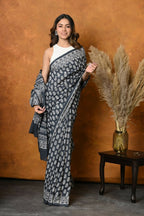Very Much Indian Handblock Printed Cotton Saree With Natural Dyes - Black White | Grocsy