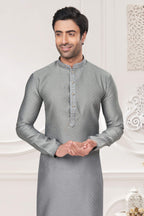 Functional Designer Men's Grey Jacquard Kurta With Pant - Rudra | Grocsy