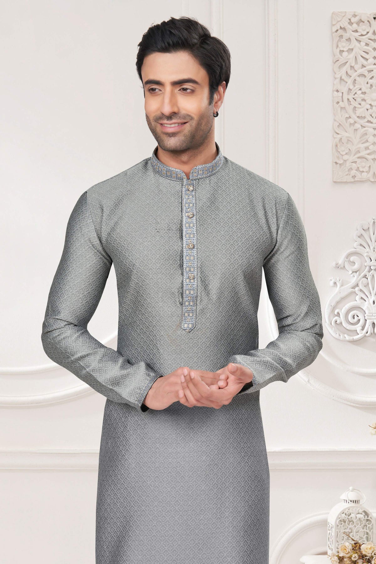 Functional Designer Men's Grey Jacquard Kurta With Pant - Rudra | Grocsy