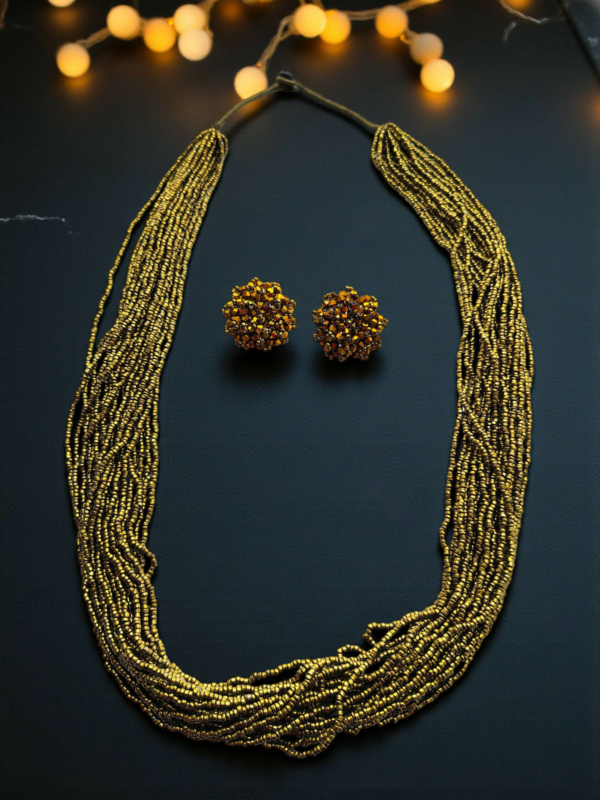 Inhanns Rangsaaz 20-Layer Luxe Long Beaded Necklace (With Optional Statement Earrings) - Golden Long With Earring | Grocsy