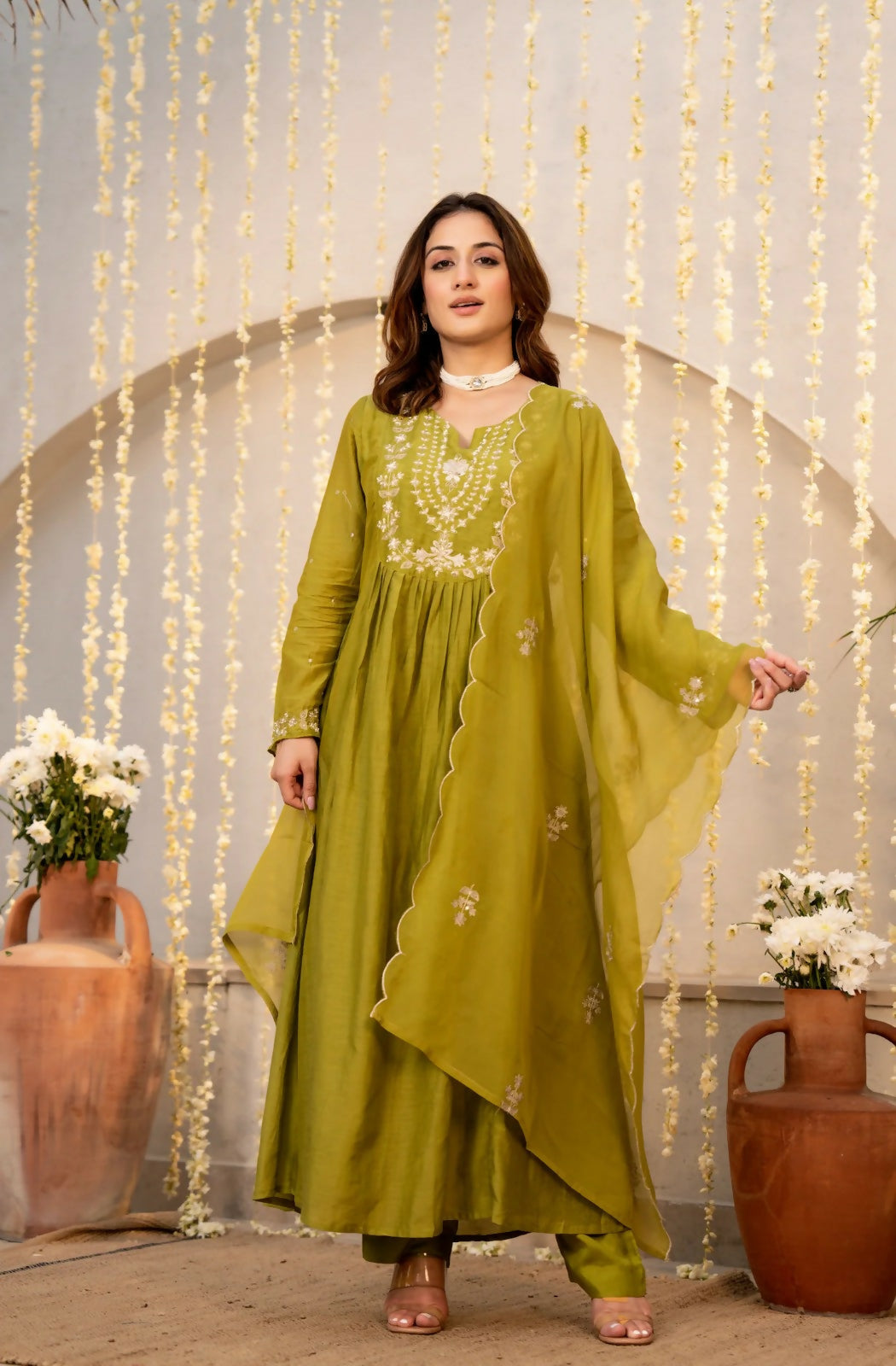 The52 Women's Beautiful Embroidery Work Chanderi Silk Fabric Flared Kurta Pant and Dupatta Set-Light Green | Grocsy