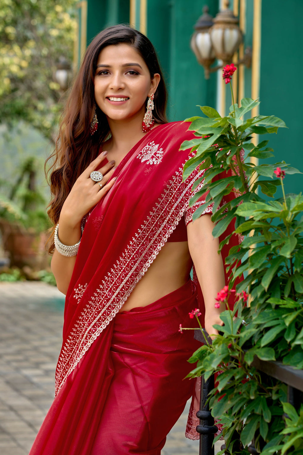 Vastranavya Red Embroidery Work Shimmer Chiffon Saree with Unstitched Blouse | Grocsy