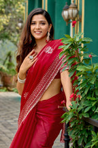 Vastranavya Red Embroidery Work Shimmer Chiffon Saree with Unstitched Blouse | Grocsy
