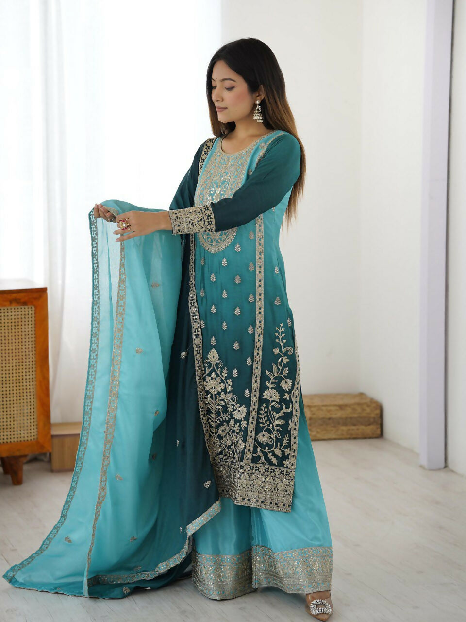 The52 Women's Gorgeous Chinon silk Fabric Embroidery Work Straight Kurta Palazzo and Dupatta Set | Grocsy