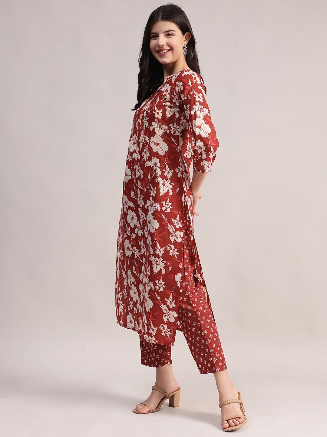 Aavyora Women Maroon Floral Printed Kurta with Printed Pants & Dupatta Set | Grocsy