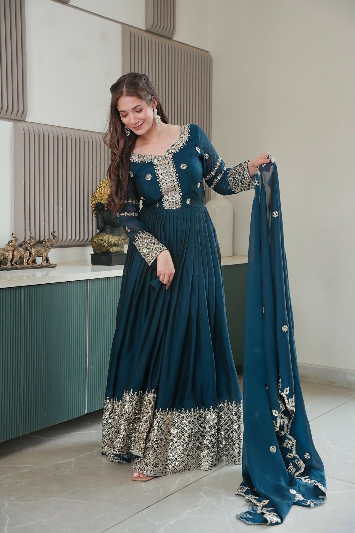 Teeya Creation Teal Color Heavy Crush Silk Wedding Wear Embroidery Work Long Gown | Grocsy