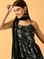 Myshka Women's Black Festive Flared Anarkali Kurta With Dupatta sets | Grocsy