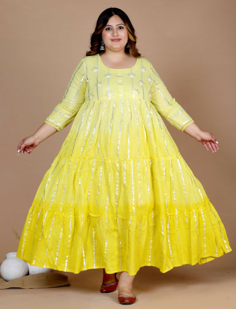 Miravan Women's Plus Size Cotton Embroidery And Lace Work Yellow Party Wear Anarkali Kurta | Grocsy