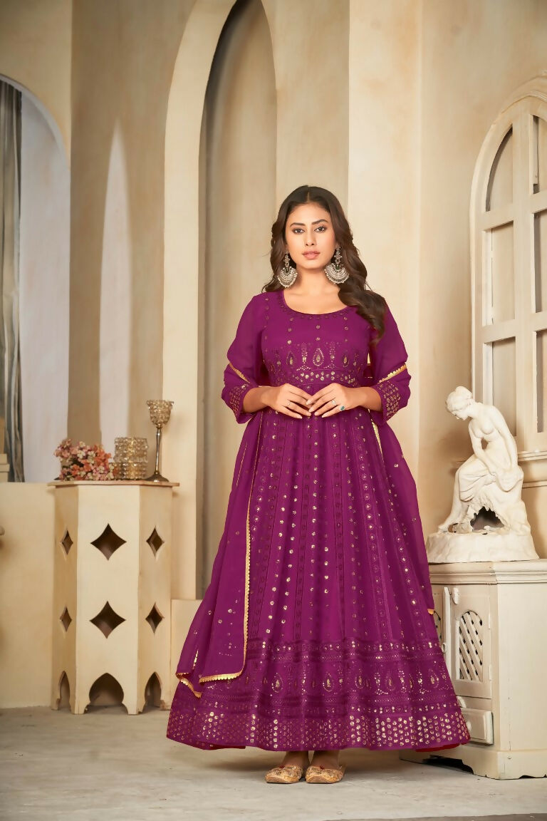 Jyoti Fashion Women's Wine Georgette Embroidered Anarkali Kurta Pant Set With Dupatta | Grocsy