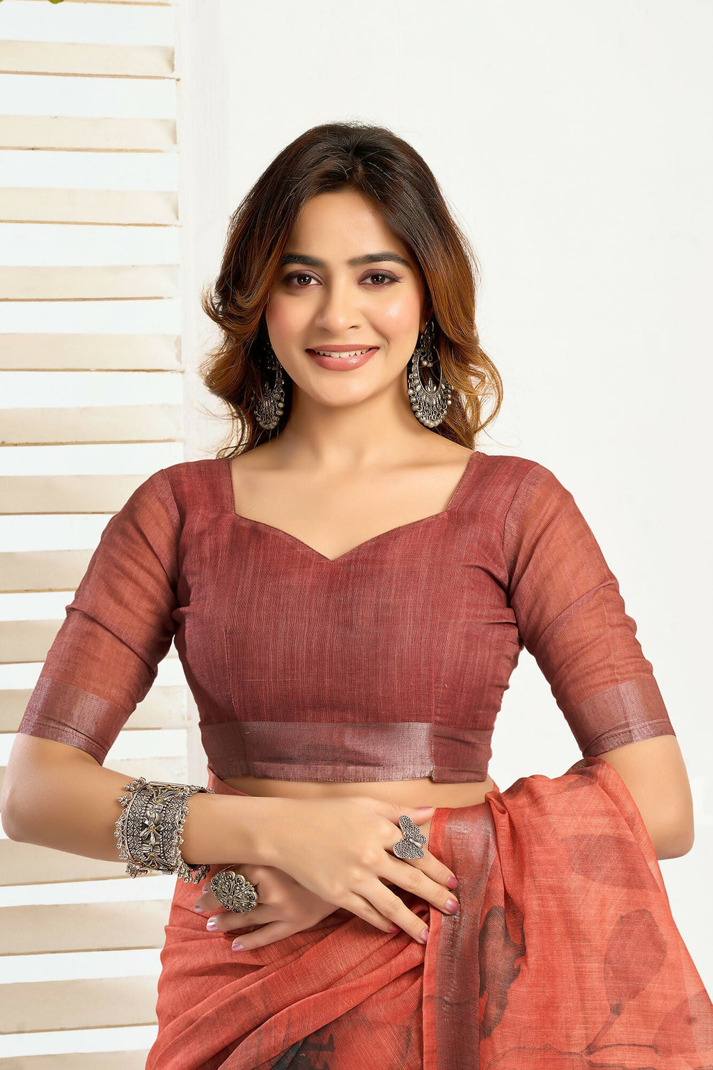 Vastranavya Brown Digital Printed Linen Ready To Wear Designer Saree with Unstitched Blouse | Grocsy