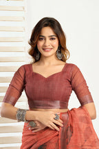 Vastranavya Brown Digital Printed Linen Ready To Wear Designer Saree with Unstitched Blouse | Grocsy