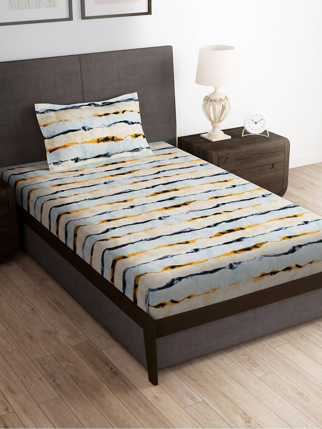 Story@home Arena Cream-Coloured & Grey Printed 180 TC Bedsheet & Pillow Covers | Grocsy