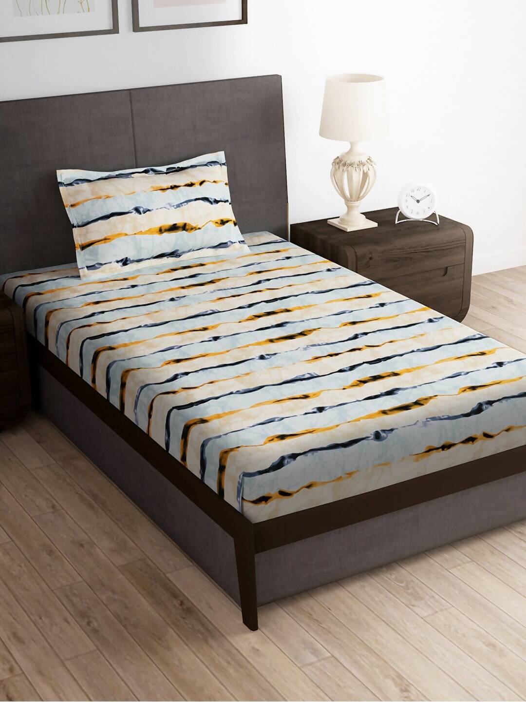 Story@home Arena Cream-Coloured & Grey Printed 180 TC Bedsheet & Pillow Covers | Grocsy