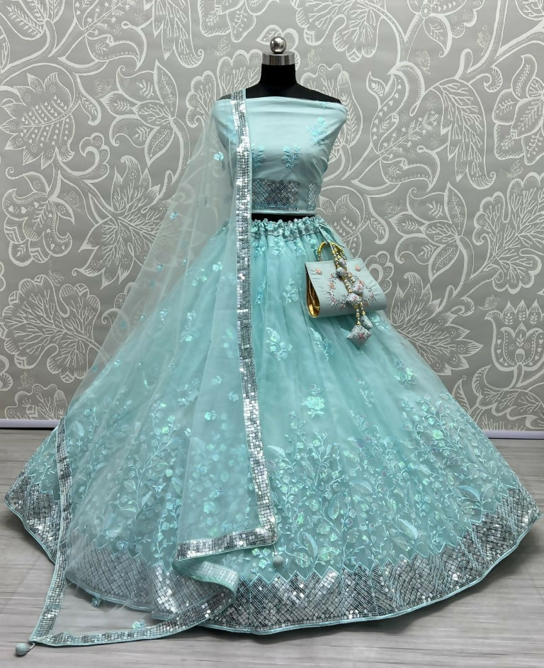 Jyoti Fashion Women's Sky Blue Bridal Net Fancy Sequins with Multi Thread Embroidered Wedding Lehenga Choli | Grocsy