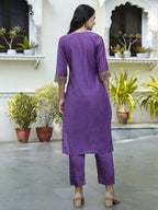 Vellora Royal Purple Silk Blend Embroidered Casual Suit for Women | Grocsy
