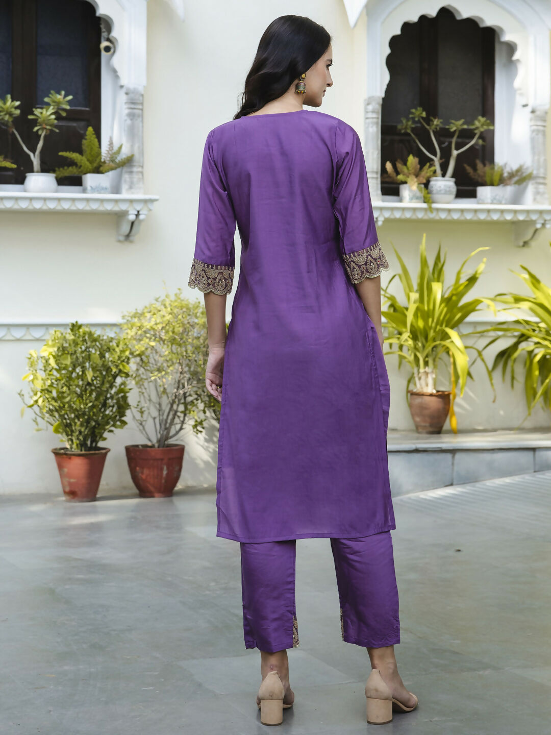 Vellora Royal Purple Silk Blend Embroidered Casual Suit for Women | Grocsy